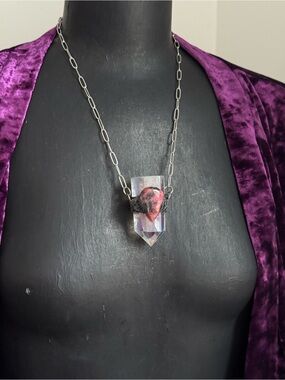 Rhodonite Teardrop angel aura Crystal Point Pendant Necklace layering jewelry